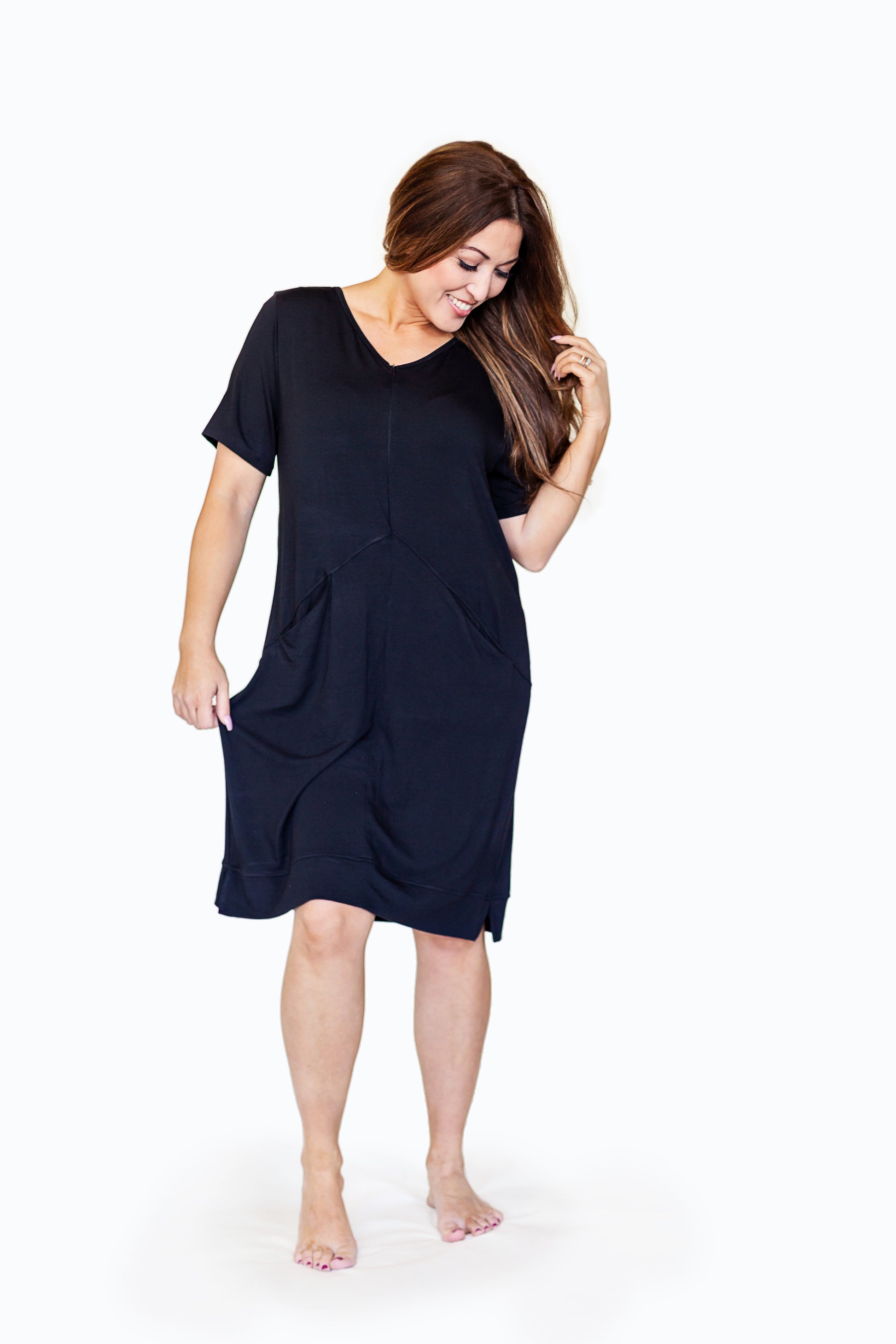 Black Dress with Front Zipper. Skin-to-skin and nursing friendly. Postpartum friendly dress.