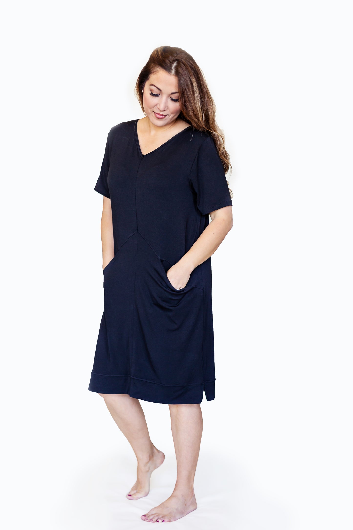 Lounge Dress with Pockets. Deep zipper. Micromodal dress in black. Skin-to-skin and nursing friendly dress. 